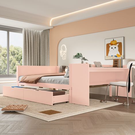 Lit plat en bois 140 x 200 cm avec bureau intégré, 2 tiroirs & étagères – lit double sans matelas en pin et panneaux de particules, rose (1/4)