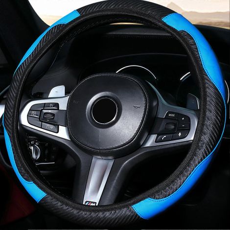 Housse de volant de voiture 38 cm en cuir PU antidérapant, universelle, élastique, confortable et lisse pour voiture, noir et bleu (1/5)
