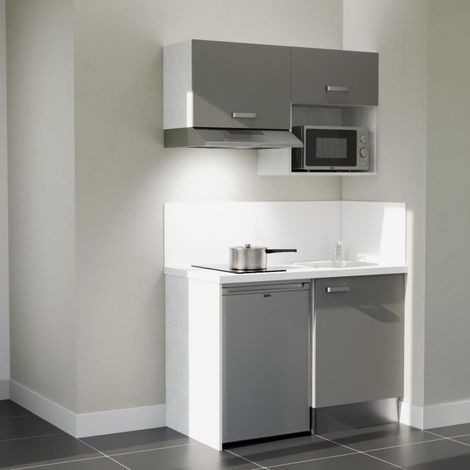 Kitchenette K02L-PT - 120 cm - plan stratifié, évier inox, - Façade Gris - Plan Blanc - Crédences Oui + Electroménager inclus coloris Inox