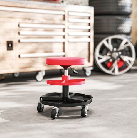 MEUBLIV Taburete de taller con ruedas rojo regulable 40-51 cm con doble bandeja (1/5)