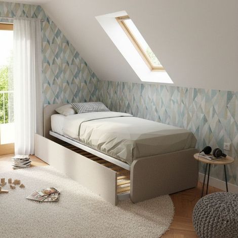 Letto singolo con letto estraibile, trasformabile in matrimoniale. Testate personalizzabili, reti in acciaio e doghe in faggio - Effetto tessuto