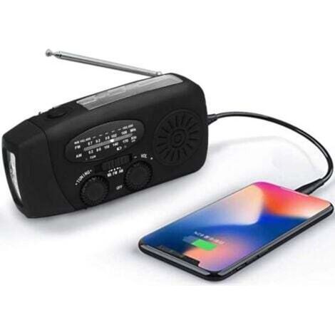 Emergency solar-powered weather radio, earthquake-resistant kit, hand crank, self-powered, AM/FM/WB, hand crank survival radio, LED flashlight, 2000 mAh power bank for iPhones and smartphones (black)