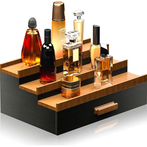 Dreistöckiges Parfümregal für Herren mit Schubladen, Parfümpräsentations- und Organisationsständer, ein perfektes Geschenk für Männer (Farbe: Schwarzwalnussholz). (1/4)