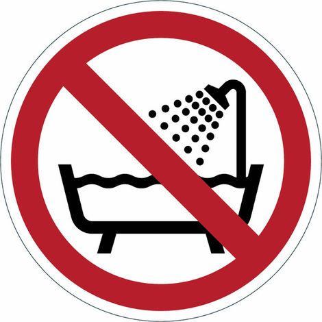 Cartelli di divieto ISO 7010 "Non usare il dispositivo in una vasca da bagno, doccia o serbatoio pieno d'acqua" - P026 - Numero Pezzi: 10 pezzi - Misura: 50mm x 50mm