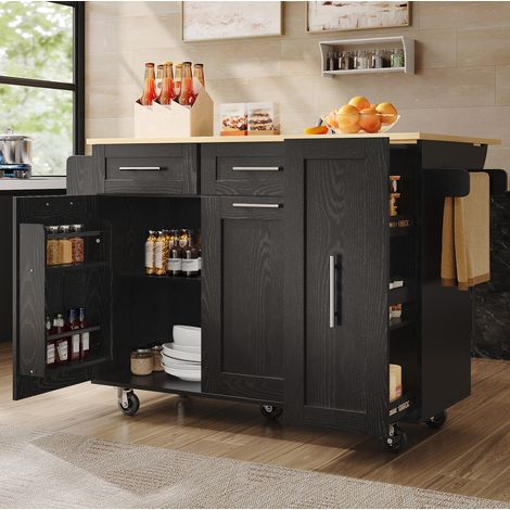 Kücheninsel 110x46x90.5 cm schwarz aus MDF und Metall mit klappbarer Tischplatte und Rollen (1/5)