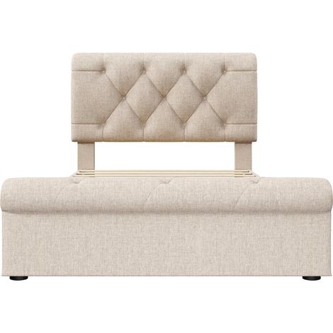 Lit 90x200cm avec tête de lit réglable, sommier chesterfield en tissu naturel, structure rembourrée avec 2 tiroirs, incluant matelas, modèle 111297AAN (1/5)
