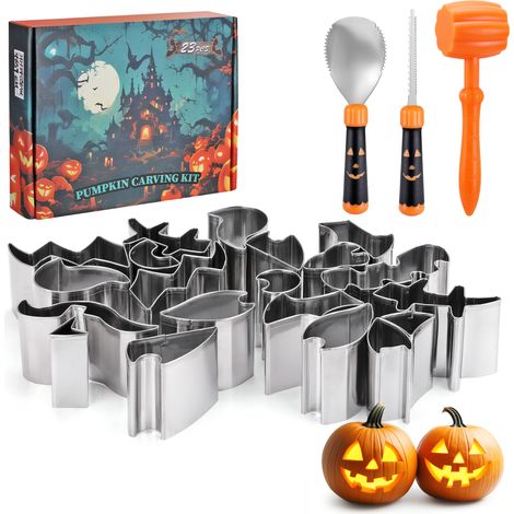 HAUSHOF Kit de Sculpture de Citrouille d'Halloween 23 Pièces, Outils Professionnels avec Cuillère, Scie, Marteau et Emporte-Pièces, Couteaux en Acier Inoxydable pour DIY Décorations d'Halloween