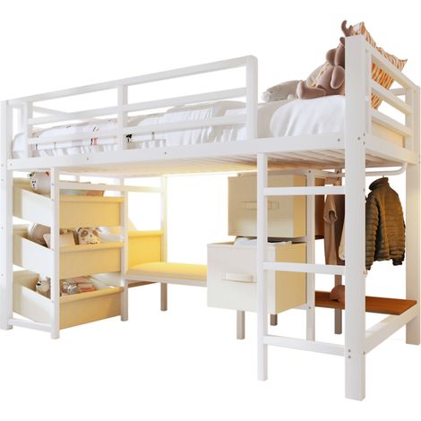 Lit mi-hauteur 90x200 cm avec LED multicolore, coussin d’assise, rangement tissu, patères et structure métal blanc, sans matelas, pour chambre ado - CHICFURN (1/5)