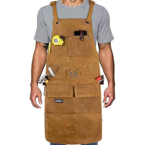 Arbeitsschürze Herren Schweißerschürze Rückengurte Braun-10 Taschen (1/5)