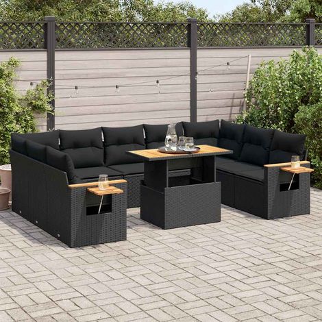 Set sofás jardín y cojines 10 pzas ratán sintético acacia negro vidaXL (1/5)