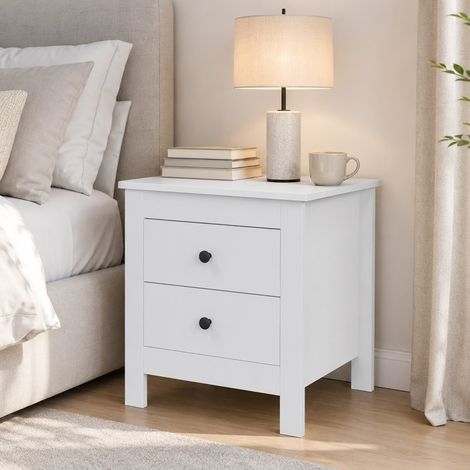 MODFU – Mesita de noche 48x39,5x51 cm de MDF con 2 cajones, topes antideslizantes, guías de bolas y carga 30 kg – Blanco (1/5)
