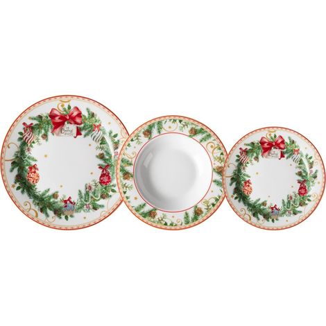 TRADE SHOP - Servizio Di Piatti In Porcellana 18pz Decoro Natalizio Ghirlande Agrifoglio Fiocchi Rossi -