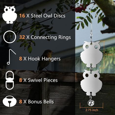 16-teiliges Set reflektierender, eulenförmiger Vogelabwehrmittel mit Glöckchen zum Schutz von Gartenpflanzen (1/4)