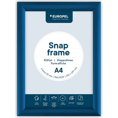 Cadre Porte affiche clipsable A4, couleur bleue, Profil 25mm, Aluminium anodisé et protecteur anti-reflet, Dimensions extérieures 241x328 mm, Dos polystyrène gris (1/5)