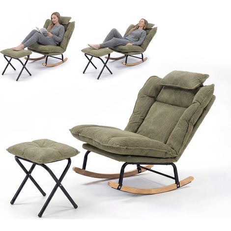 Fabulcozy Schaukelstuhl aus Cord mit Fußstütze, Stillstuhl mit Kopfstütze, 3-fach verstellbare Rückenlehne, abnehmbares Kissen mit Klettverschluss, Massivholzgestell – Wohnzimmer/Balkon, 81 × 80 × 84