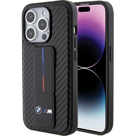 BMW BMHCP15LGSPCCK iPhone 15 Pro 6.1" negro/negro carcasa rígida con soporte y agarre liso y carbono (1/5)