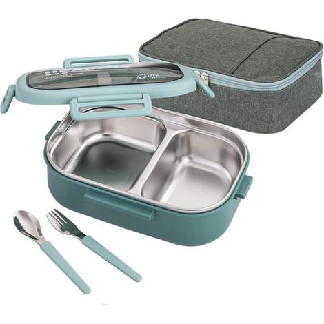 Boîte à bento en acier inoxydable 850 ml - 2 compartiments - Sans BPA - Avec sac et couverts - Verte (1/5)
