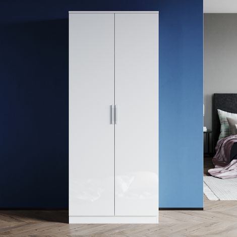 ELEGANT Wardrobe White High Gloss 2 Soft Close Doors Bedroom Furniture Storage with White Shelf and Metal Hanging Rail (1/5)