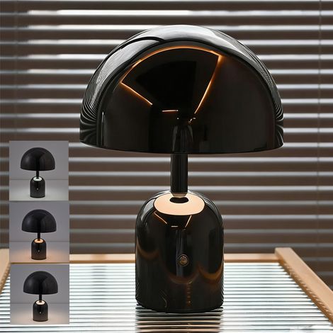 Veilleuse champignon en métal électroplaqué, lampe de bureau LED sans fil, intensité variable et commande tactile, noir, 3000K/4500K/6000K (1/5)