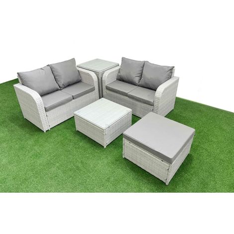 Fimous 5 Seater Outdoor Love Sofa Set Rattan Garden Furniture Set with Square Coffee Table Big Footstool Side Table Light Grey (1/4)