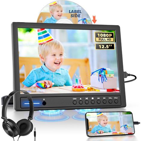 Lecteur DVD Portable Voiture 12,5" HDMI Double Écran USB/SD Entrée HDMI compatible téléphone, PC, console, Raspberry Pi et sortie AV/RCA vers TV ou second lecteur DVD. (1/5)