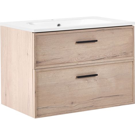 Wall Mounted Bathroom Cabinet Vanity Unit Light Brown MDF 80 x 46 cm with 2 Drawers with Washbasin YELCHO (1/5)