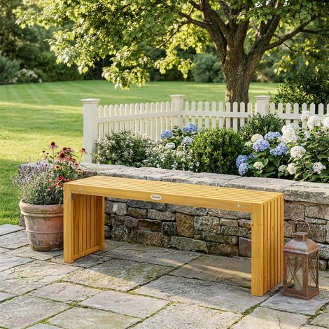 Panchina da giardino in legno di acacia senza schienale, 2 posti, seduta a doghe effetto legno, 110x30x45 cm, legno naturale