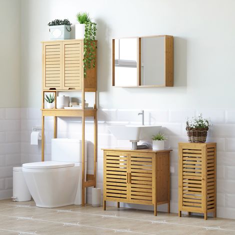 Meuble de salle de bain avec porte à lattes, étagère réglable, bambou naturel, 30 x 19,9 x 70 cm