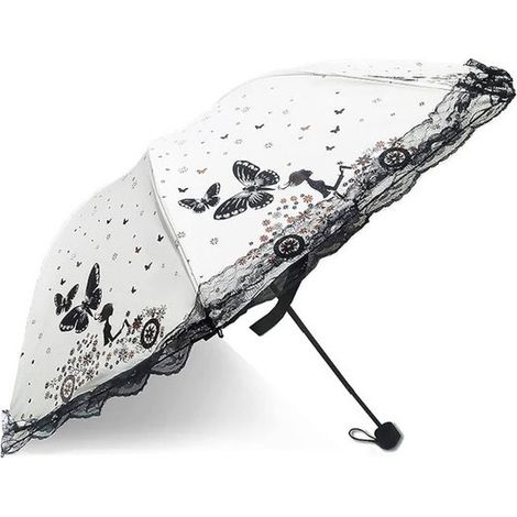 Parasol pliant - Parapluie de pluie - Parapluie pliant - Parapluie en dentelle - Parapluie solaire - Parapluie pliant portable - Blanc cassé - 98 x 98 x 60 cm - Acier/Tissu pongé Blanc cassé (1/5)
