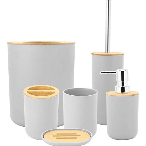 Ensemble d'accessoires de salle de bain : distributeur de savon en bois d'acacia, gobelet, porte-savon, accessoires de décoration (gris) (1/5)