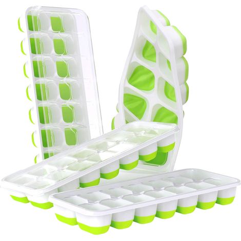 Lot de 4 bacs à glaçons, en silicone souple et facile à démouler, contenant 14 glaçons, avec couvercle amovible anti-déversement, certifiés LFGB et sans BPA, pour cocktails, congélateur, bacs à glaçon (1/3)