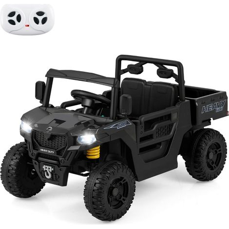 Camion benne électrique enfant noir 12 V avec télécommande, musique, benne basculante et suspension pour jardin, cour et plein air