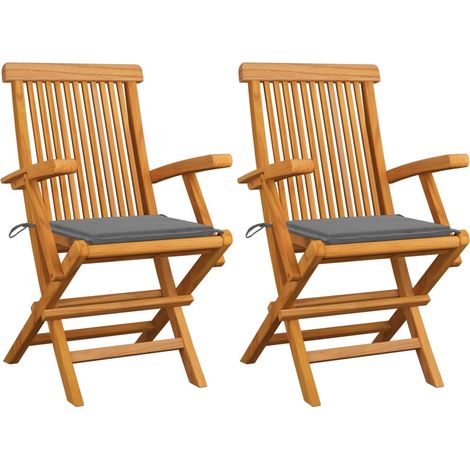 Lot de 2 Chaises/Fauteuils de jardin avec coussins gris Bois de teck massif -TF77481 (1/5)