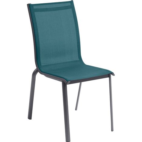Hesperide – Chaise de jardin empilable en aluminium traité époxy bleu canard et graphite – Assise en texaline confortable – Résistante à la rouille