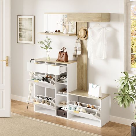Ensemble meuble entrée 4 pièces avec banc, meuble chaussures, miroir mural et porte-manteau, rangement complet couloir moderne gain de place 90x