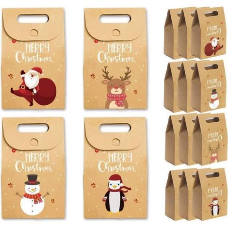 16 PCS Sacs Kraft Noël Rétro avec Poignées, Pochettes Cadeau de Noël Portables Mignons, Sacs en Papier Cadeau Recyclables pour Emballage Cadeau Festif (1/5)
