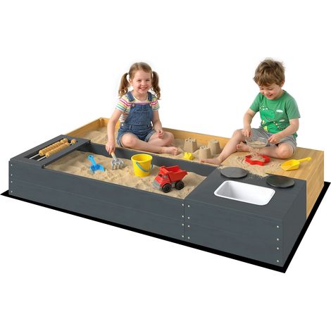 Sandkasten 2-teilig 150x90cm Holz Sandkiste mit Sitzbank Stauraum Herd herausnehmbarem Waschbecken Abakusperlen Gelb
