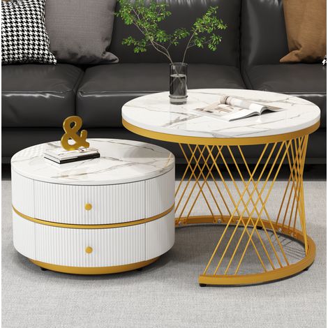 Table basse 2 pièces en MDF blanc 60 x 60 x 46 cm et 50 x 50 x 30,8 cm, rondes, gigognes avec 2 tiroirs (1/5)