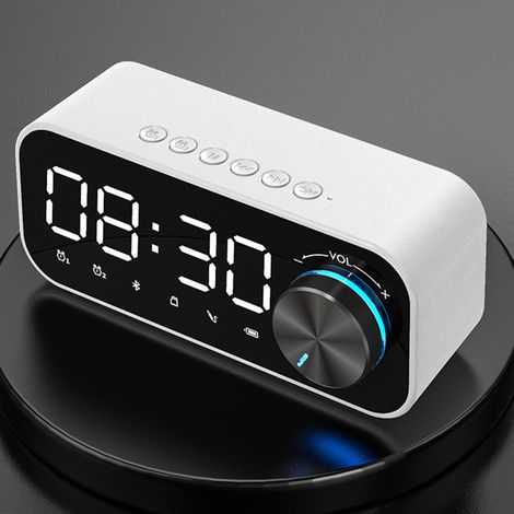 Réveil Bluetooth Enceinte Portable Mini Haut-parleur Basses Puissantes Veilleuse LED Double Alarme ABS Blanc Noir Orange 142x45x60mm (1/4)
