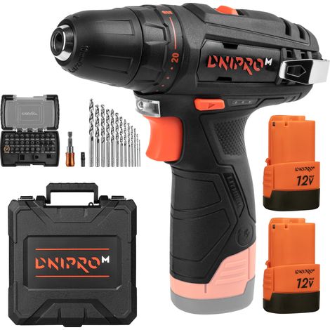 Dnipro-M Taladro Atornillador 12V, 30 Nm, 2 Velocidades, 1300 rpm. 2 Baterías 2Ah, Cargador, Puntas, Brocas para Metal y Maletín. CD-12CX Compact