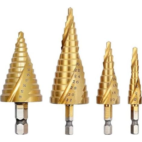 HSS-Titan-Stufenbohrer-Set, 4-teilig, konisch [5–35 mm, 4–12/20/32 mm], spiralförmige Nut, schneller Spanabtransport, stabiles Bohren, gute Wärmeableitung für Metall, Holz und Kunststoff (1/5)