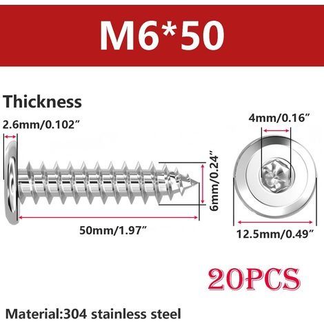 20 Pièces Vis Autotaraudeuses à Tête Plate, Vis à Bois à Six Pans Creux, Acier Inoxydable 304, M6x50mm, pour Plastique Bois Métal (1/5)