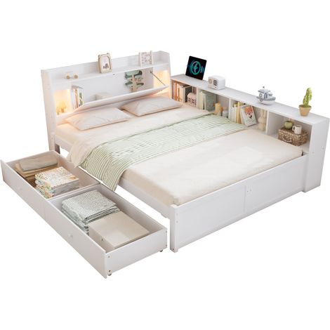 Lit double 140x200 cm avec tête de lit rangement, 2 lampes, prises intégrées, rangements latéraux et tiroirs, bois blanc pratique pour chambre - CHICFURN (1/5)