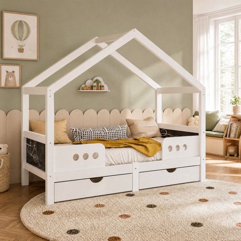 Cama infantil 90/200 cm blanca con techo, pizarra y 2 cajones (1/5)