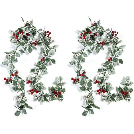 2PCS Guirlande Noel, Guirlandes de Noel, Guirlande Lumineuse Baies Rouges et de Feuilles Vertes, Decoration de Cheminée Noels pour Chambre Porte Mur Fenêtre Cheminée (1/5)
