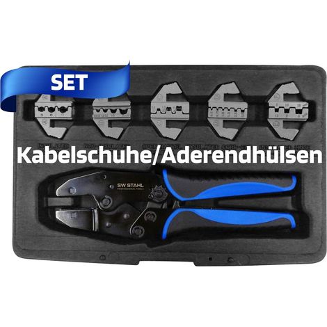 SW-Stahl 42585L Kabelschuhklemmzangensatz 6-teilig I Crimpzange mit Wechselbacken 5 Stück I für isolierte und unisolierte Kabelschuhe I Kabelschuhe Klemmzange mit Zwangssperre I Crimpzangen-Set (1/5)