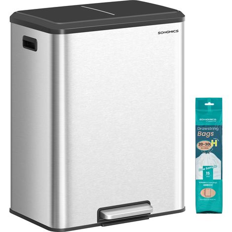 Poubelle de Cuisine, 2 x 30 L Poubelle Double pour le Recyclage et les Déchets Ménagers, Seaux Intérieurs, Acier Inoxydable, Fermeture Douce, Pédale, Argent Métallique (1/5)