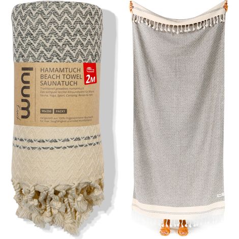 Serviette de hammam - Taille XXL - 90 x 200 cm - Serviette de sauna, de yoga, de douche, de bain, de voyage - Serviette turque - Pour homme et femme - 100 % coton - Beige (1/5)
