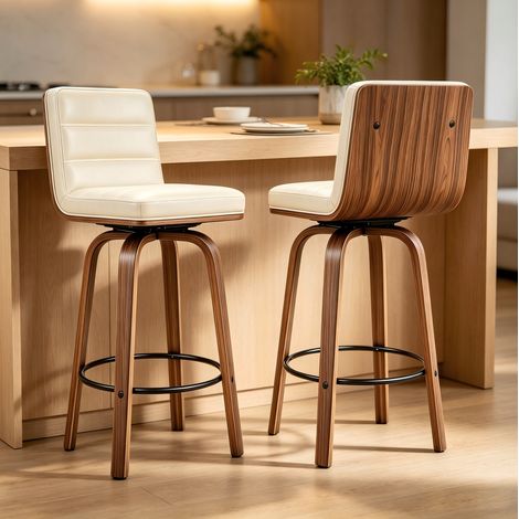 Set de 2 taburetes de bar giratorios 360° en PU, patas de haya, beige claro OKMYHOME (1/5)