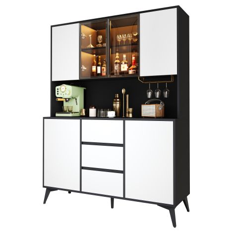 Mobile alto, vetrina, credenza, mobile da sala da pranzo, mobile da soggiorno, look bianco e nero, mobile da cucina, vetrina con ante in vetro, 3 cassetti, portavetro dorato, colore regolabile tramite (1/5)